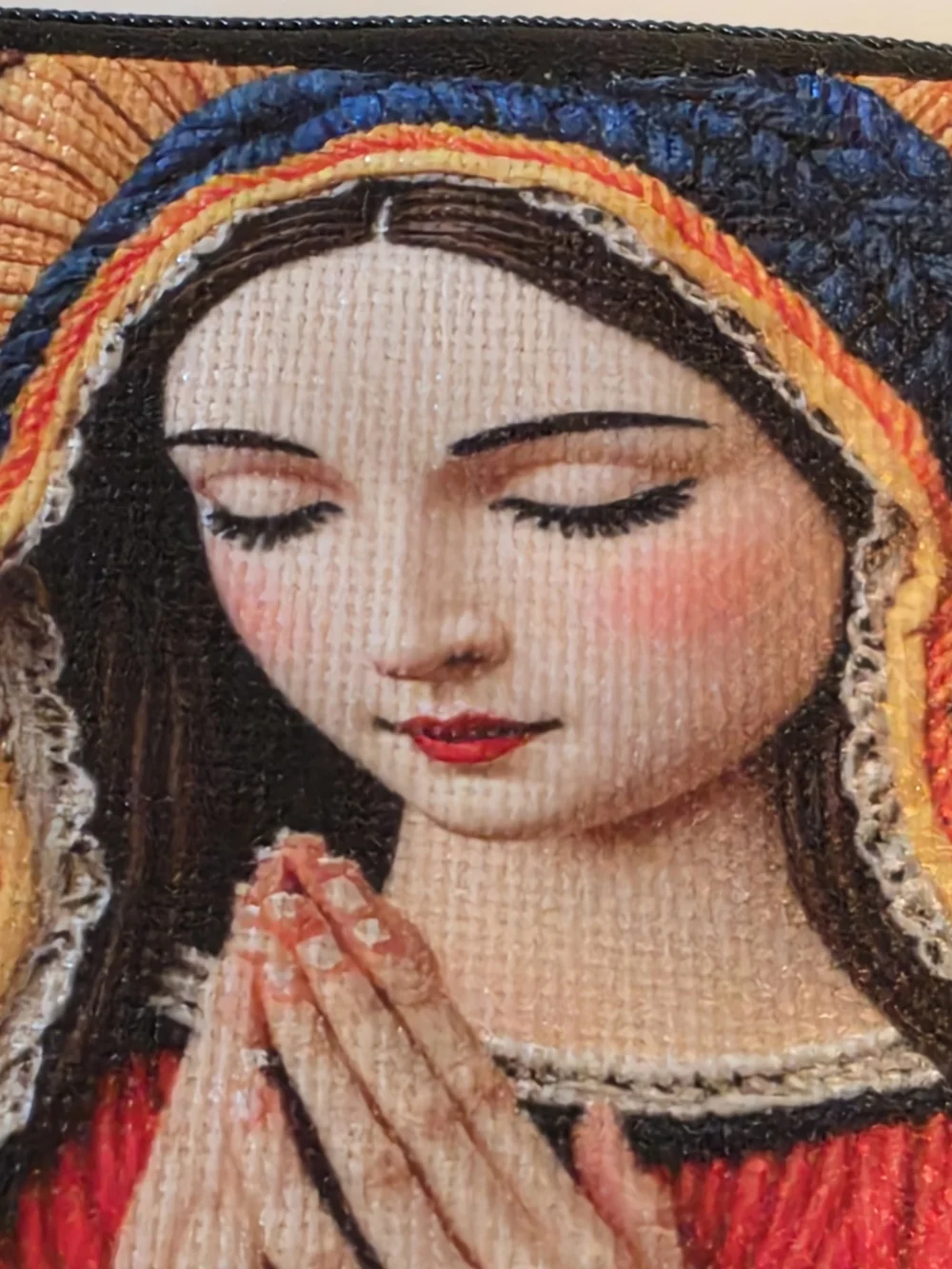 Prayer Virgin Mary Embroidered Cosmetic Pouch - Blue & Red